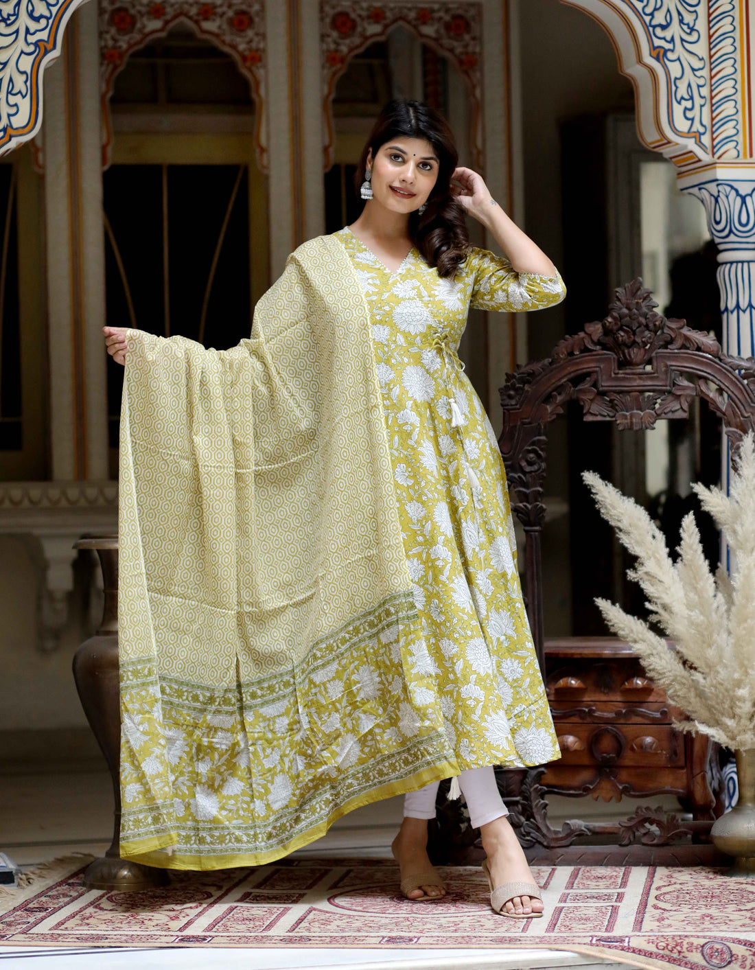 Miravan Women's Yellow Cotton Floral Print Anarkali Kurta With Dupatta