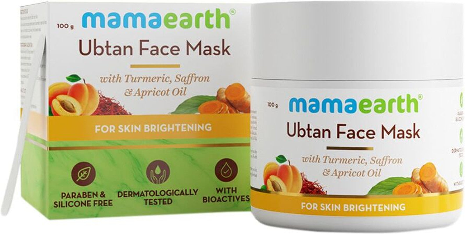 MamaEarth-Ubtan-Face-Pack-Mask-with-Saffron,-Turmeric-&-Apricot-Oil