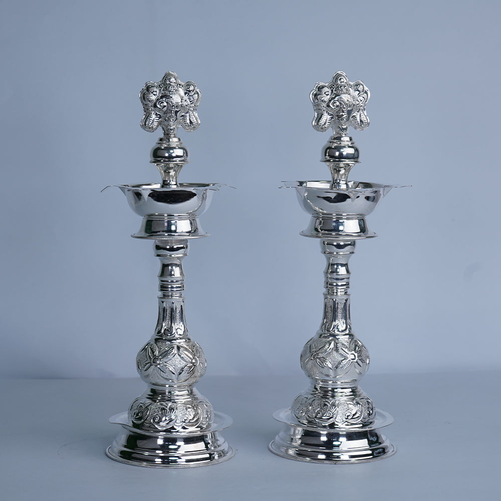 Pure Silver Shanku Chakra Design Lamp Stand Pair Grams:403.2