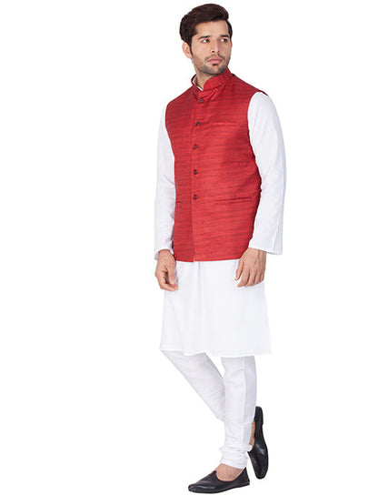 mens white cotton blend kurta ethnic jacket and pyjama set1266