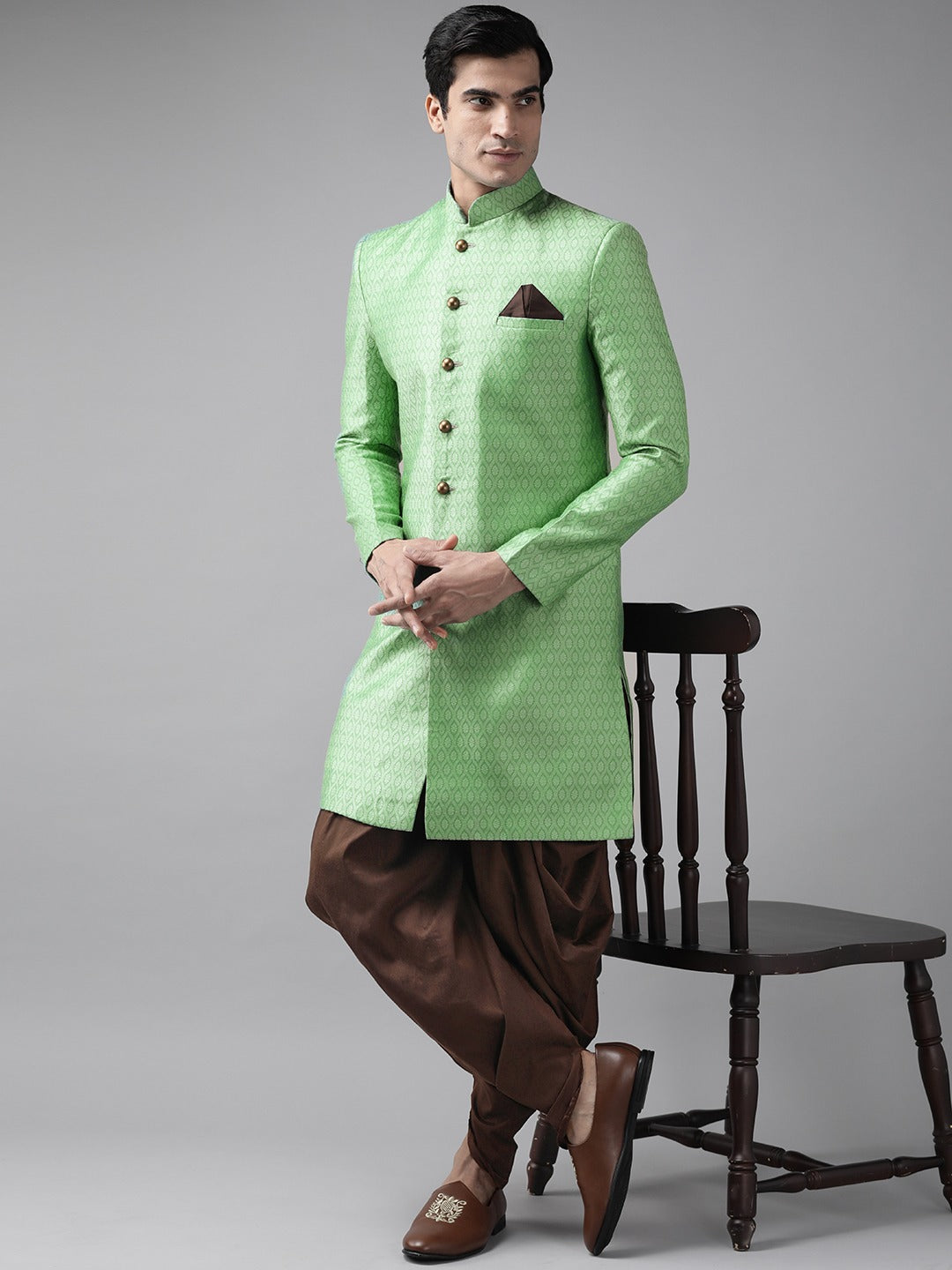 Vastramay  Men's Green And Coffee Silk Blend Sherwani Set