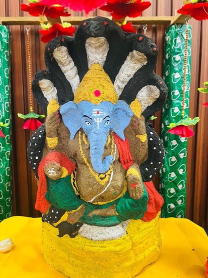 Gomaya Ganesha Idol-Sitting On Shesha Nagu (14 inch Hight) - clay colour