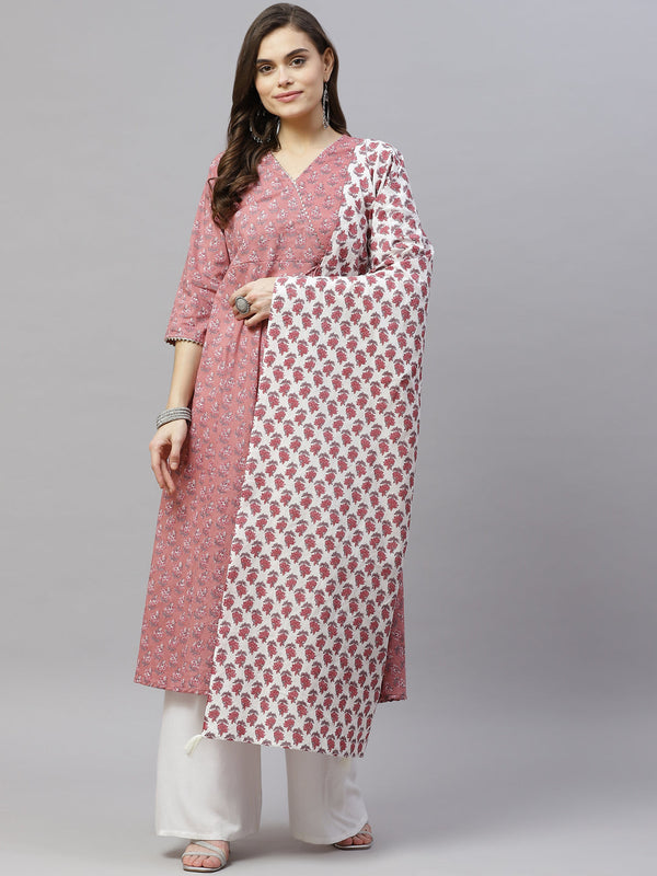 Miravan Women's Pink Cotton Floral Print Anarkali Kurta With Dupatta