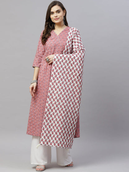 Miravan Women's Pink Cotton Floral Print Anarkali Kurta With Dupatta