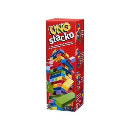 Mattel Games UNO Stacko box front,UNO Stacko tower with hand pulling a block,UNO Stacko stacked tower close up