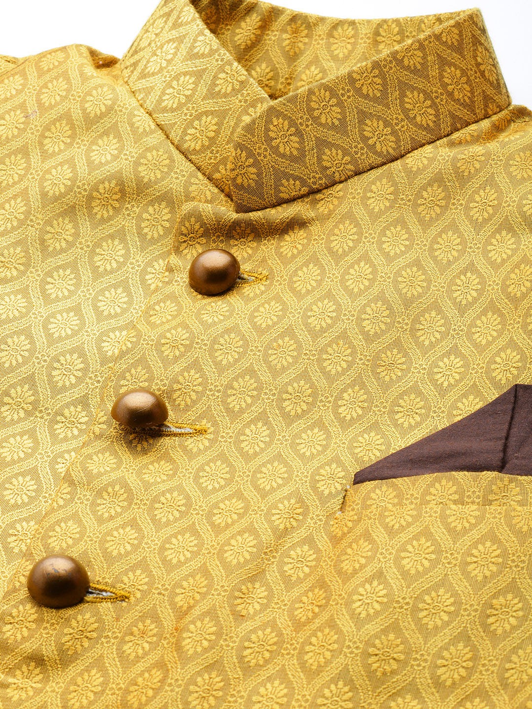 Vastramay Men's Mustard Yellow And Coffee Silk Blend Sherwani Set