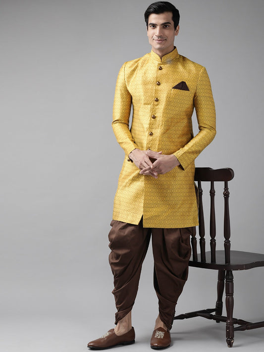 Vastramay Men's Mustard Yellow And Coffee Silk Blend Sherwani Set