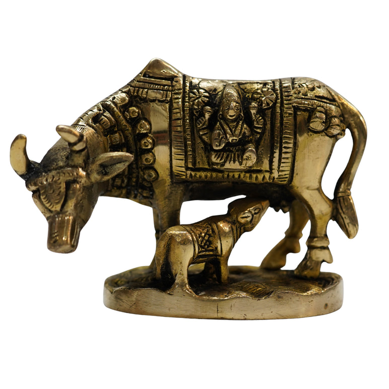 Brass Kamdhenu Cow and Calf Sculpture 929g