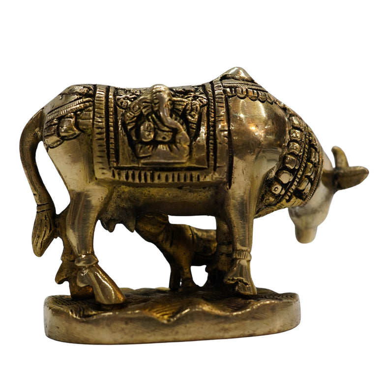 Brass Kamdhenu Cow and Calf Sculpture 929g