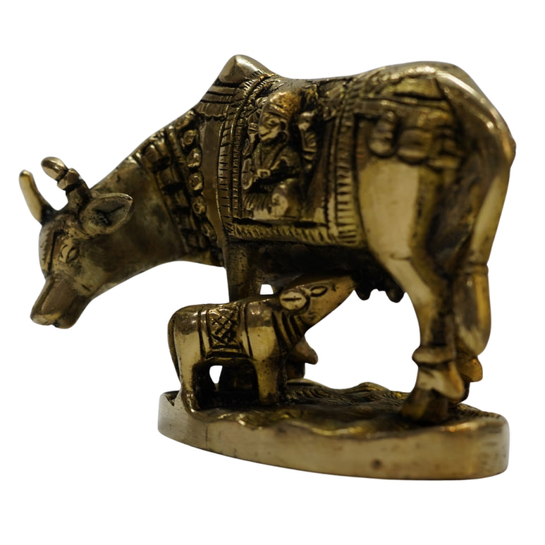 Brass Kamdhenu Cow and Calf Sculpture 929g
