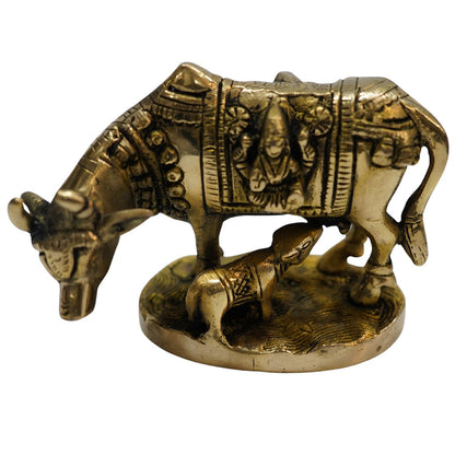 Brass Kamdhenu Cow and Calf Sculpture 929g