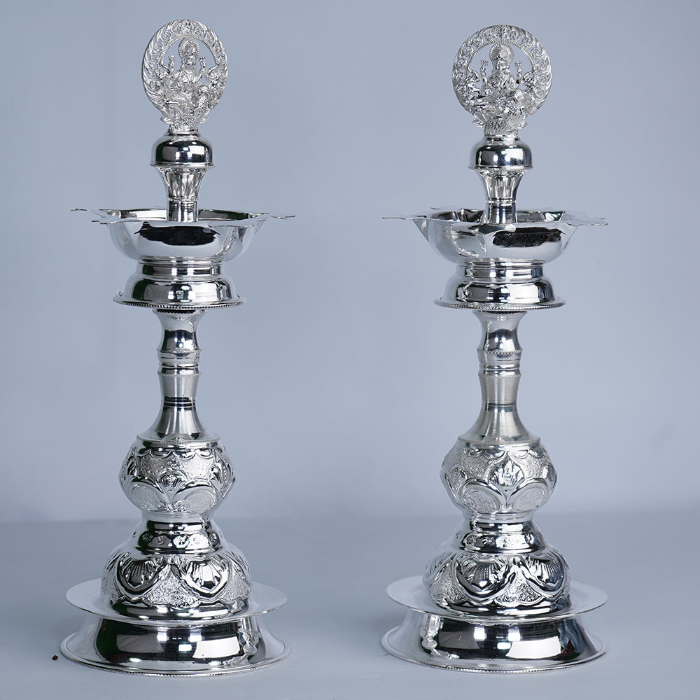 Pure Silver Laxmi Devi Design Lamp Stand Pair Grams:478