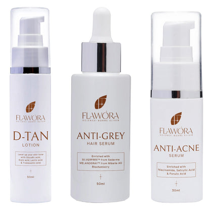 Flawora Anti Grey Hair Serum, D Tan Lotion, Anti Acne Serum-Combo of 3