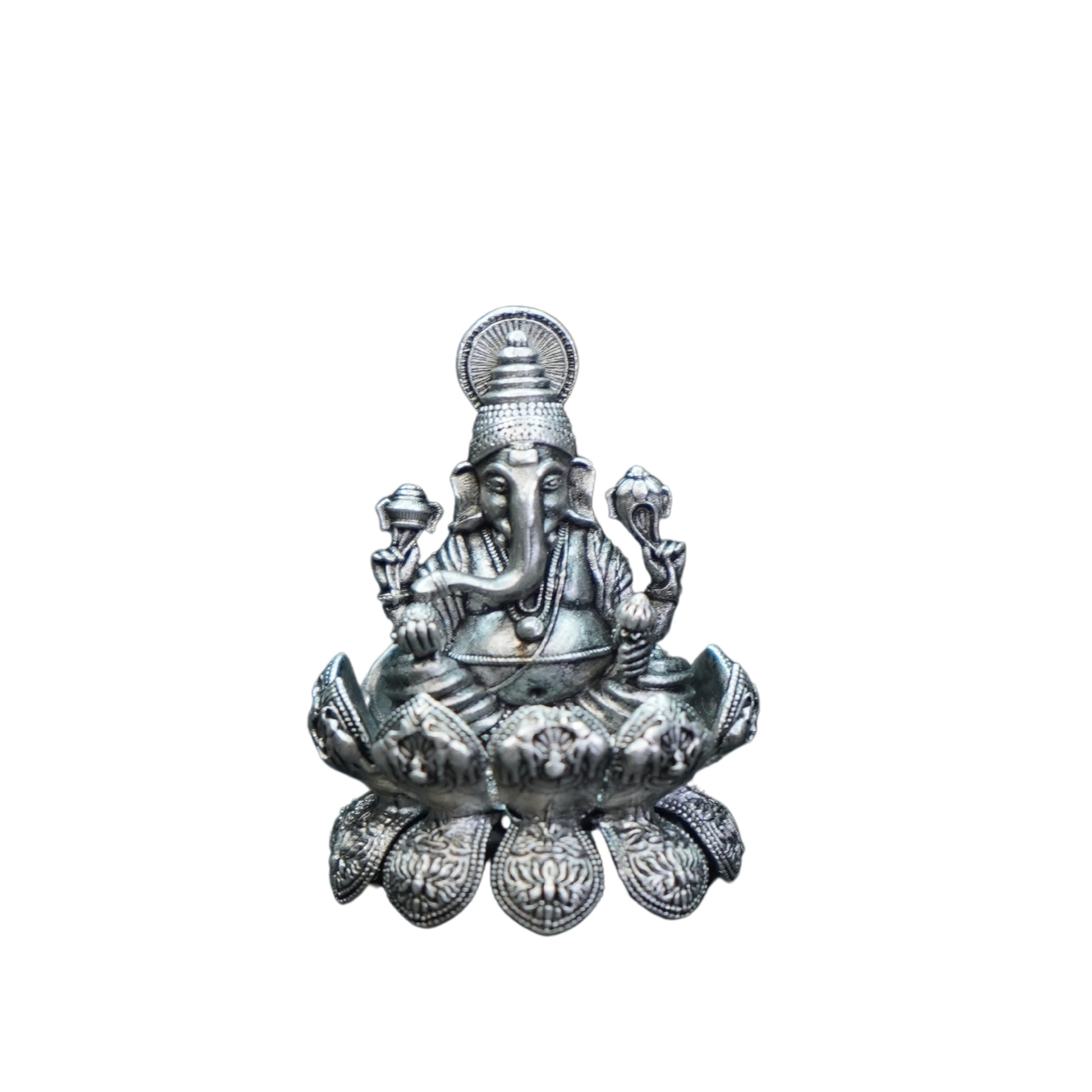 Mahita Collections Pure Silver Antique Lotus Ganesh Right Trunk Sitting 28.15G