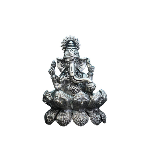 Mahita Collections Pure Silver Antique Lotus Ganesh Left Trunk Big Sitting 71.66G