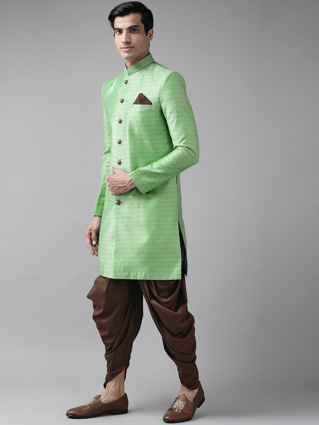 Vastramay  Men's Green And Coffee Silk Blend Sherwani Set