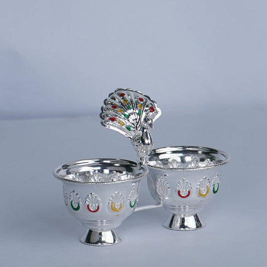 Pure Silver Kumkum Haldi Bowls With Peacock 65.5g