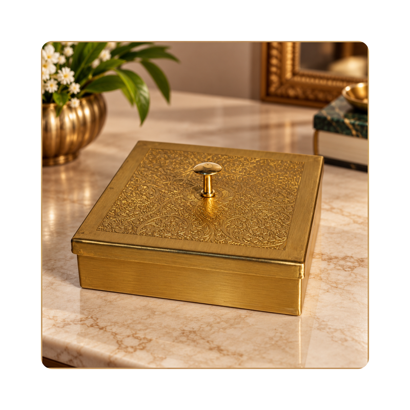 Mahita Collections Brass Square Spice Box Traditional Kitchen Storage Container 298g