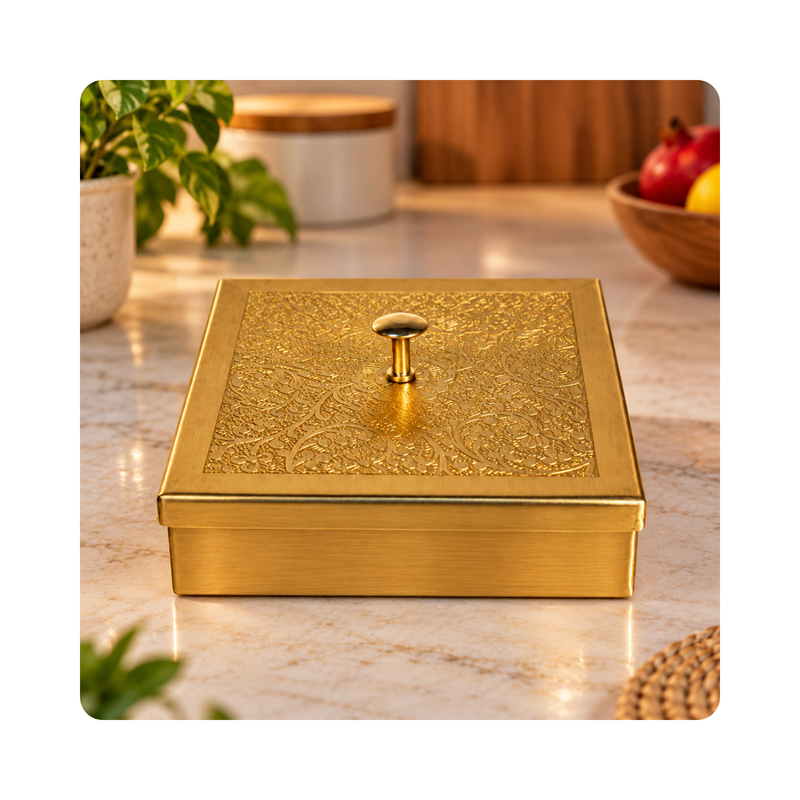 Mahita Collections Brass Square Spice Box Traditional Kitchen Storage Container 298g