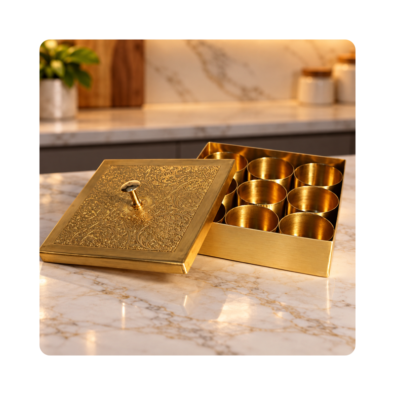 Mahita Collections Square Brass Spice Box Multipurpose Masala Storage Box 694g