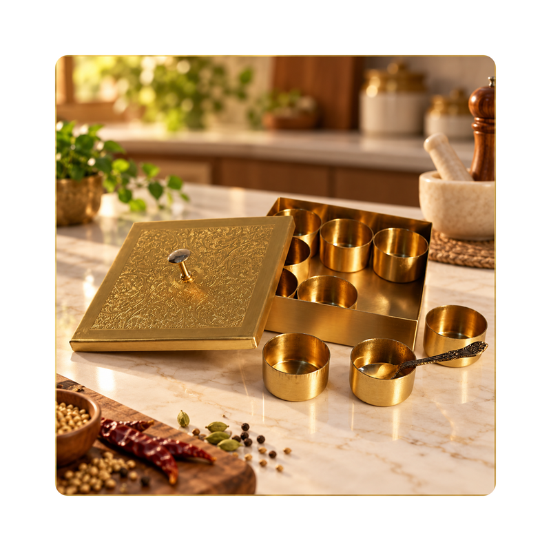 Mahita Collections Square Brass Spice Box Multipurpose Masala Storage Box 694g