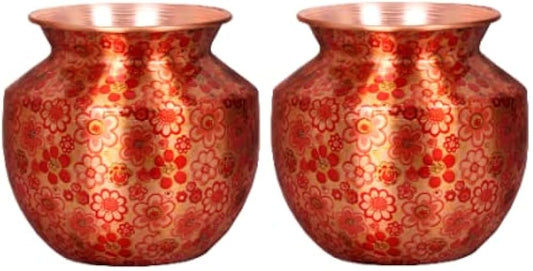 Prakruthi Traditional Copper Sombu with Mini flower Printed Copper Lota Copper Kalash Pooja Sombu Copper Vessel Drinkware Tablewar