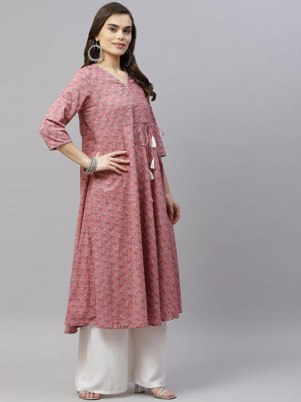 Miravan Women's Pink Cotton Floral Print Anarkali Kurta With Dupatta