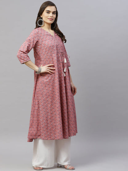 Miravan Women's Pink Cotton Floral Print Anarkali Kurta With Dupatta