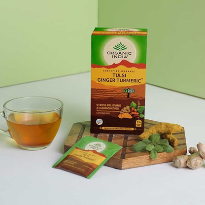 Organic India Tulsi Ginger Turmeric Tea bags - PUSHMYCART
