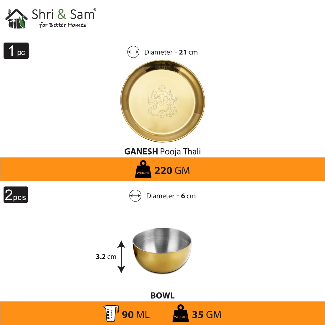Shri & Sam High Grade Stainless Steel Ganesh Pooja Thali Set Gold PVD Coating