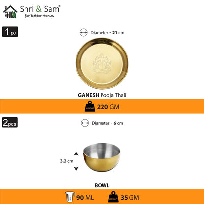Shri & Sam High Grade Stainless Steel Ganesh Pooja Thali Set Gold PVD Coating