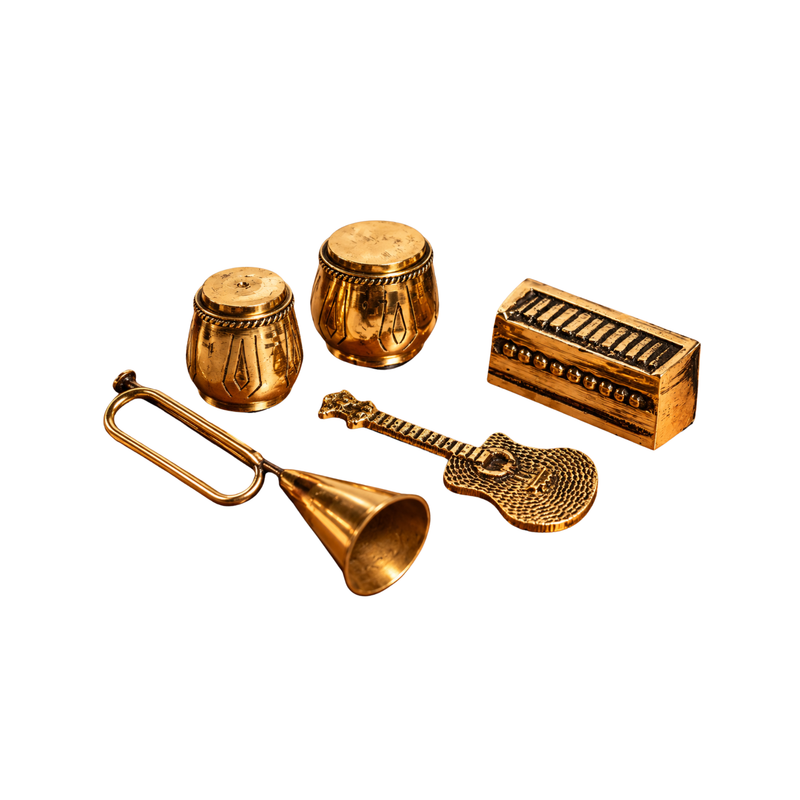 Mahita Collections Brass Miniature Musical Set Trumpet Guitar Tabla and Harmonium
