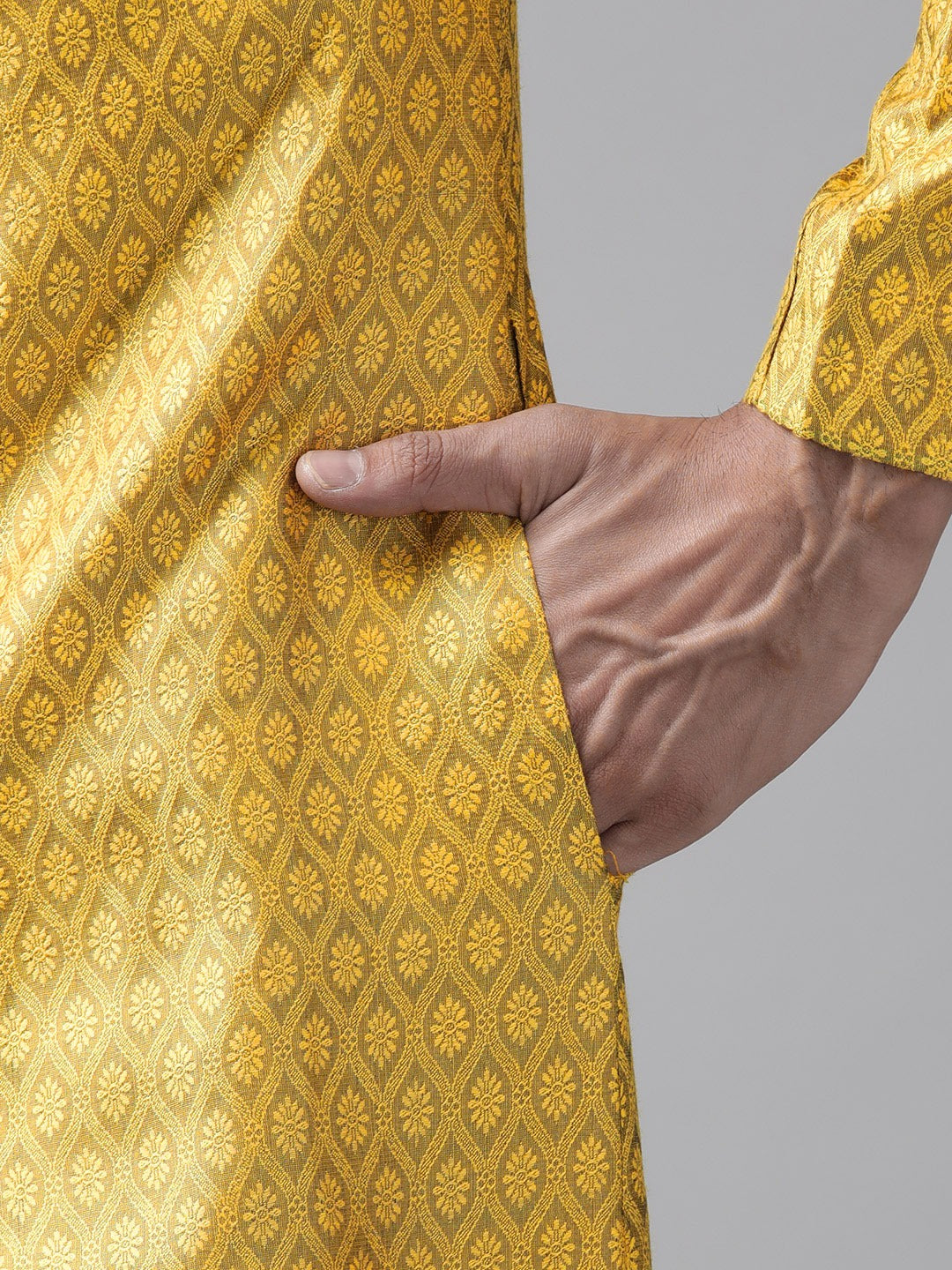 Vastramay Men's Mustard Yellow And Coffee Silk Blend Sherwani Set