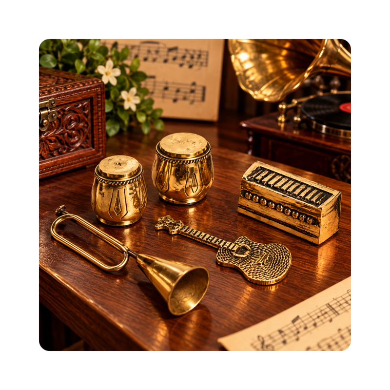 Mahita Collections Brass Miniature Musical Set Trumpet Guitar Tabla and Harmonium
