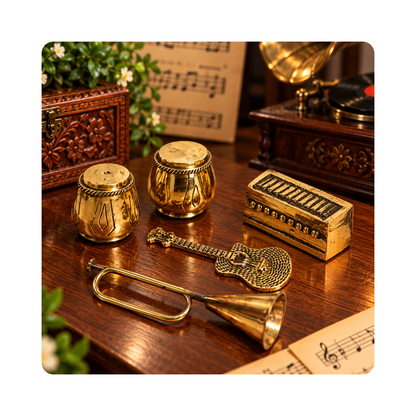 Mahita Collections Brass Miniature Musical Set Trumpet Guitar Tabla and Harmonium