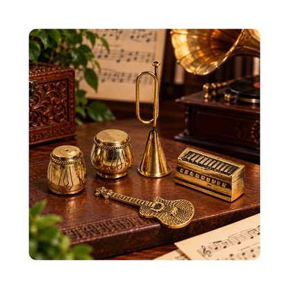 Mahita Collections Brass Miniature Musical Set Trumpet Guitar Tabla and Harmonium