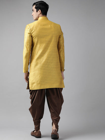 Vastramay Men's Mustard Yellow And Coffee Silk Blend Sherwani Set