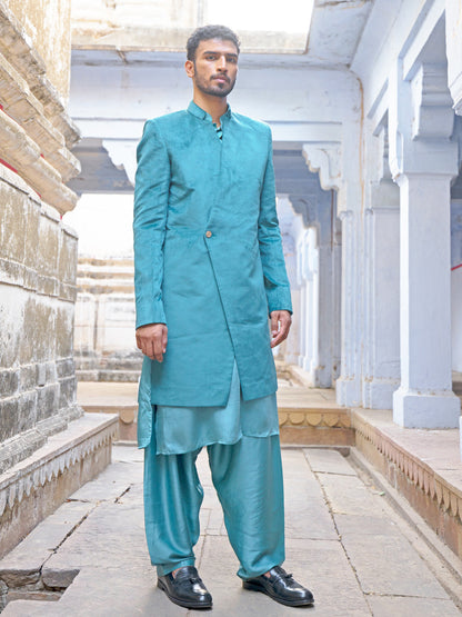 VASTRAMAY Men's Sea Green Combo Set With Dupatta