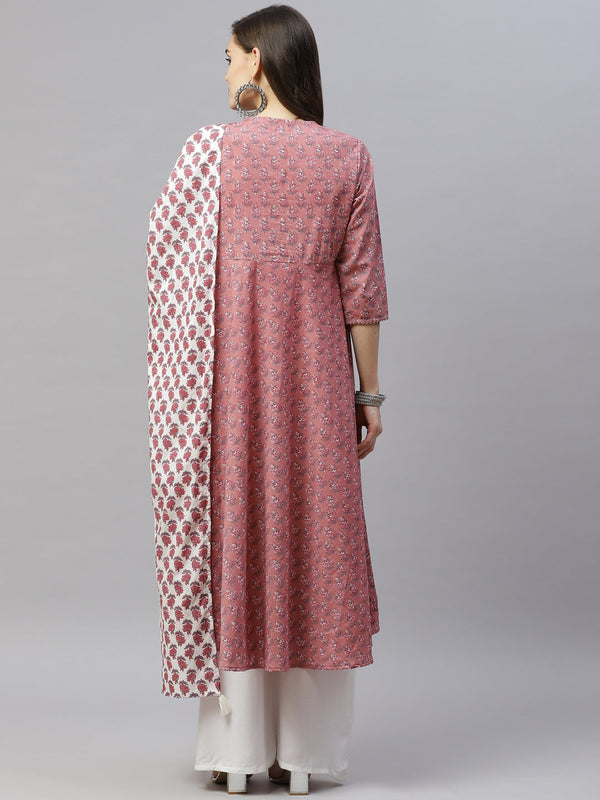 Miravan Women's Pink Cotton Floral Print Anarkali Kurta With Dupatta