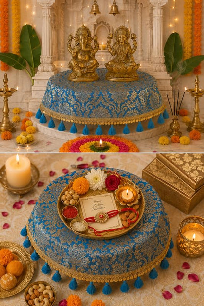 Blue Brocade Silk Round Thali & Chowki