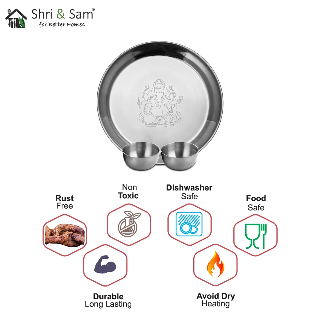 Shri & Sam Stainless Steel Pooja Thali Set Ganesh