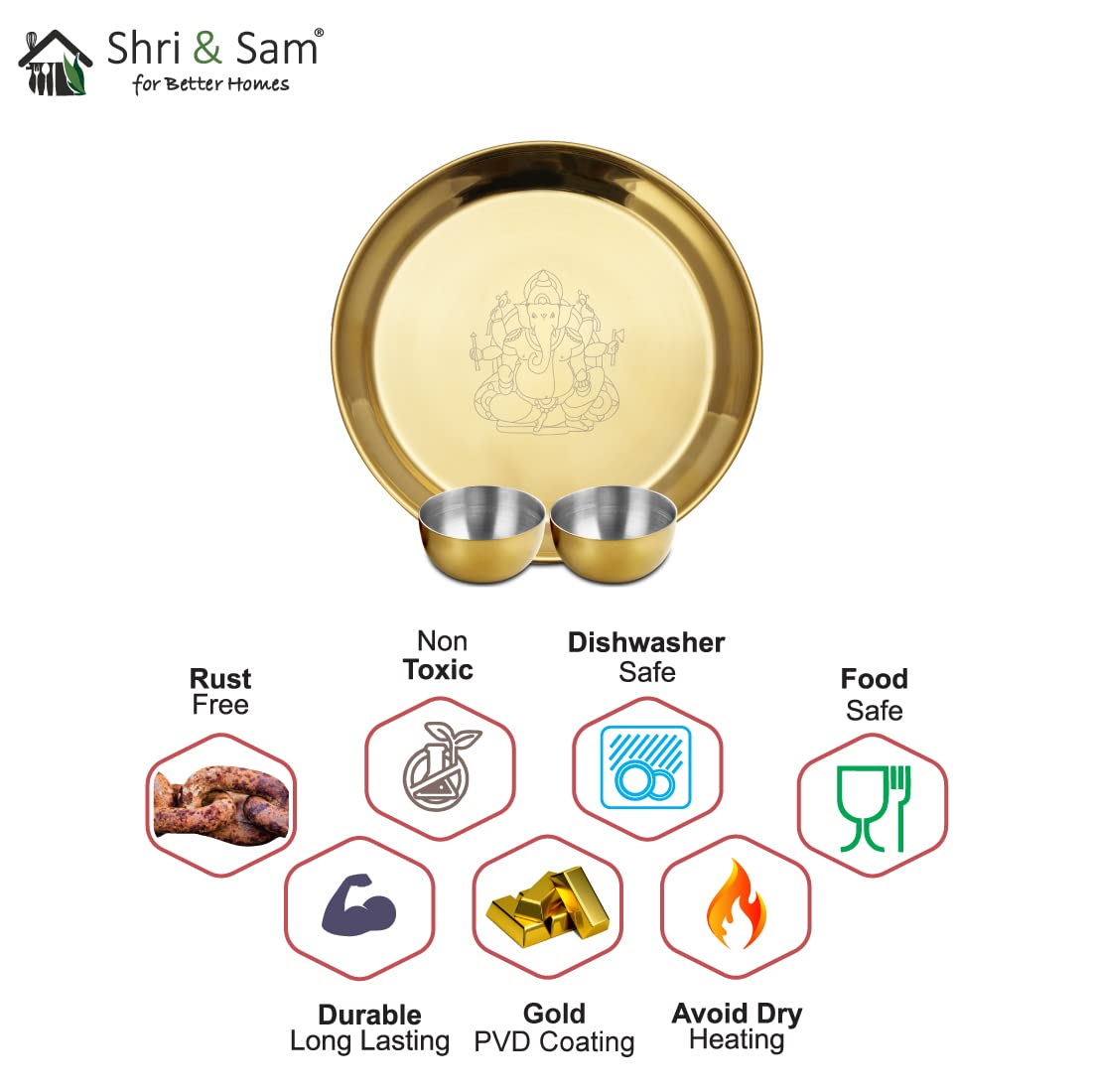 Shri & Sam High Grade Stainless Steel Ganesh Pooja Thali Set Gold PVD Coating
