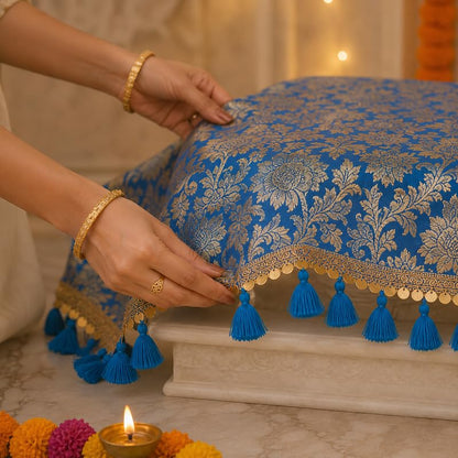 Blue Brocade Silk Round Thali & Chowki