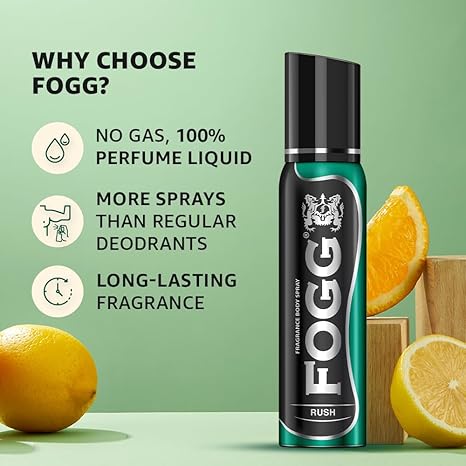 Fogg Rush No Gas Deodorant for Men, Long-Lasting Perfume Body Spray