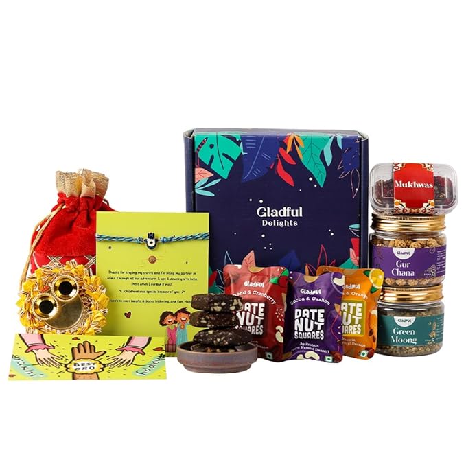 Gladful Rakhi Healthy Gift Hamper For Brother - Pack Of 10 Evil Eye Rakhi With Roasted Snacks Jars, 3 Date Nut Squares With Roli Chawal Tika Chopda Plate For Brother