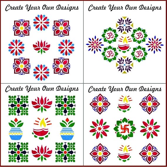 Millionminds Diwali Rangoli Stencil Set 6 Pieces with Om Lotus Diya Swastik Laxmi Charan Ganesha Designs