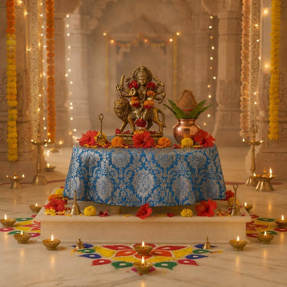 Blue Brocade Silk Round Thali & Chowki Cover | Luxurious Puja Thali Cover