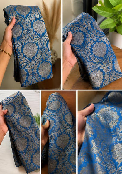 Blue Brocade Silk Luxurious Rectangular Chowki Cover