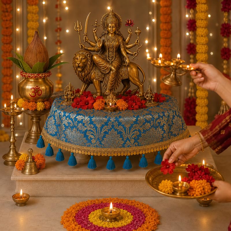 Blue Brocade Silk Round Thali & Chowki