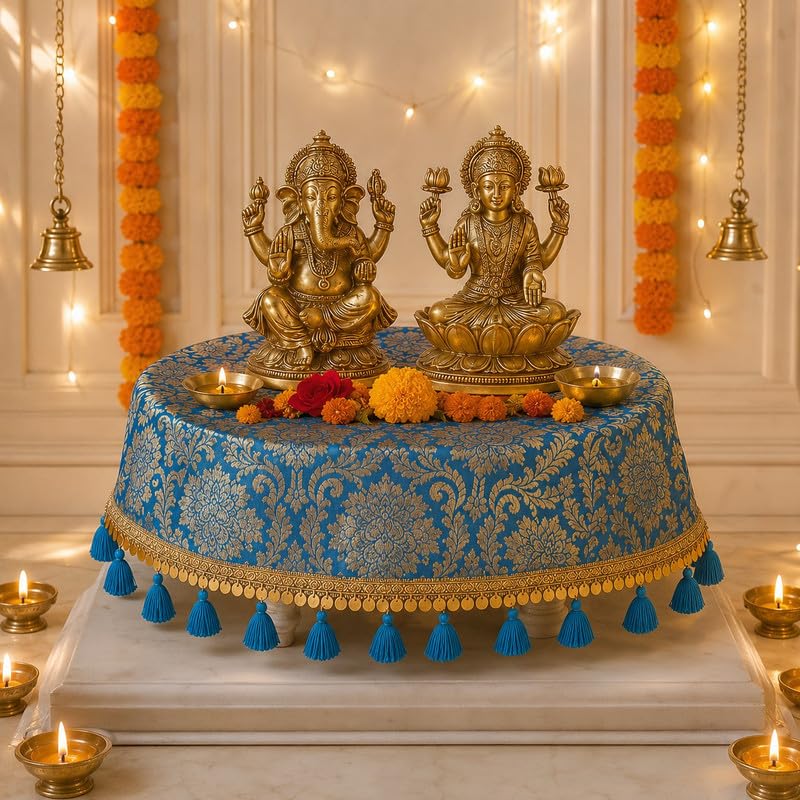 Blue Brocade Silk Round Thali & Chowki
